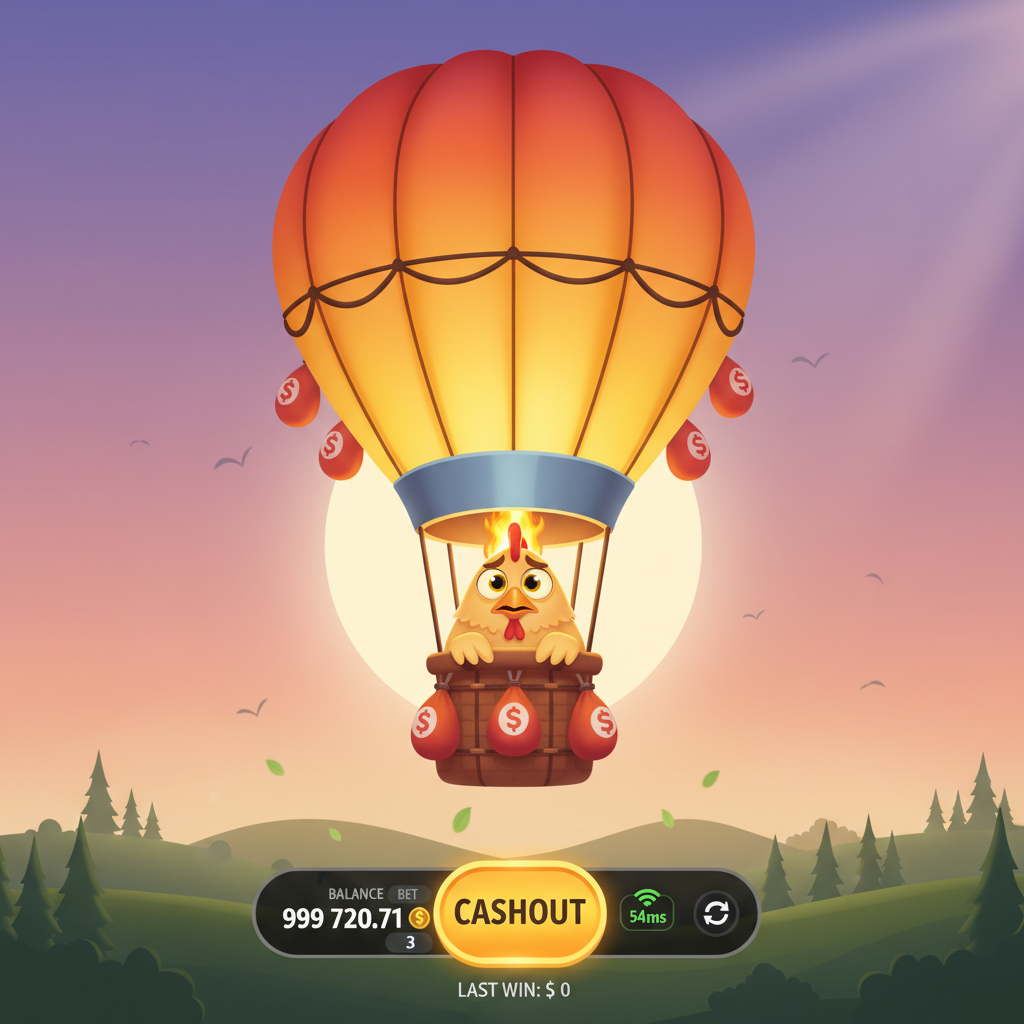 BalloniX joc crash cu balon în aer cald pilotat de un personaj pui, ridicându-se peste peisaj pastoral la amurg, cu multiplicator în timp real și mecanică cash-out