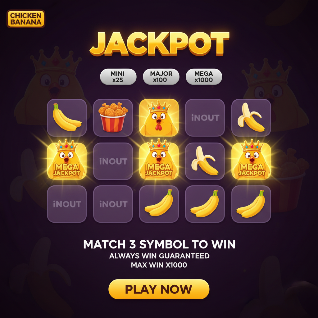 Chicken Banana slot game de la InOut cu grid 5x4 afișând simboluri de pui cu coroană de aur Mega Jackpot, banane și găleți cu pui prăjit pe fundal mov închis