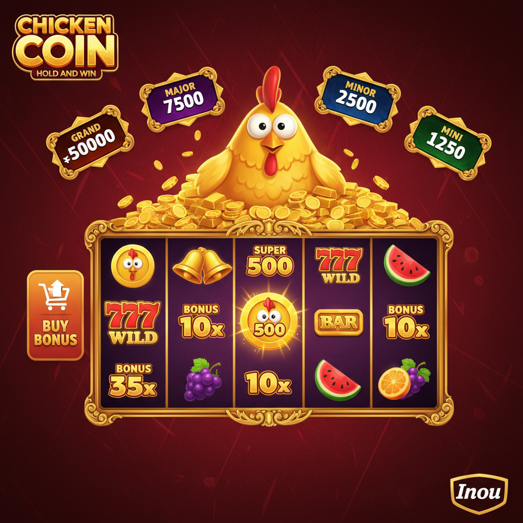 Chicken Coin Hold and Win slot game - mascota pui aurie pe monede, grid 3x4 cu simboluri Chicken Coin, jackpoturi MINI MINOR MAJOR GRAND, funcție Collect și Chicken Boost