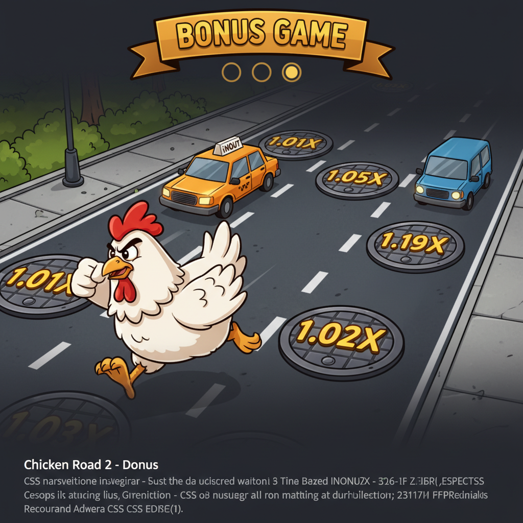 Chicken Road 2 Bonus - pui cartoon alb cu creastă roșie traversând benzi de drum cu multiplicatori, mașini colorate InOut, bonus game cu rotiri gratuite
