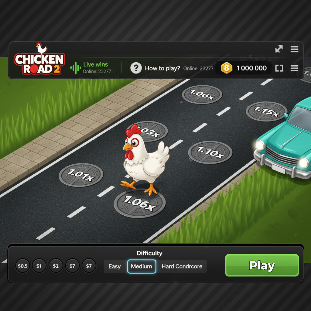 Chicken Road 2 slot game - pui alb traversând șosea cu 6 benzi, evitând mașini turcoaz și colectând multiplicatori de pe capace de canalizare, cu grad de dificultate Medium activ
