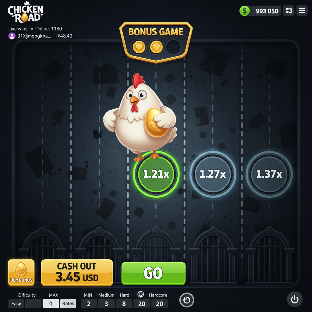 Chicken Road Bonus - pui alb desenat animat traversând benzi de drum cu cercuri de multiplicatori aurii și verzi, joc de la InOut Games