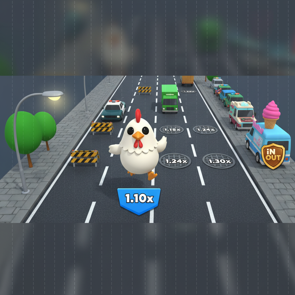 Chicken Road slot game by InOut - cartoon chicken character crossing dangerous multi-lane road avoiding colorful vehicles including police cars, fire trucks, and ice cream trucks with multiplier badges showing winning progression