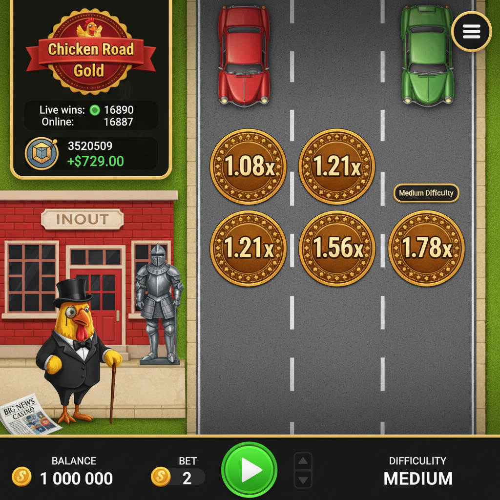 Chicken Road Gold - pui gentleman cu joben și baston traversând drum cu mașini și monede multiplicator aurii, joc de tip crash cu tema traversării drumului de la INOUT