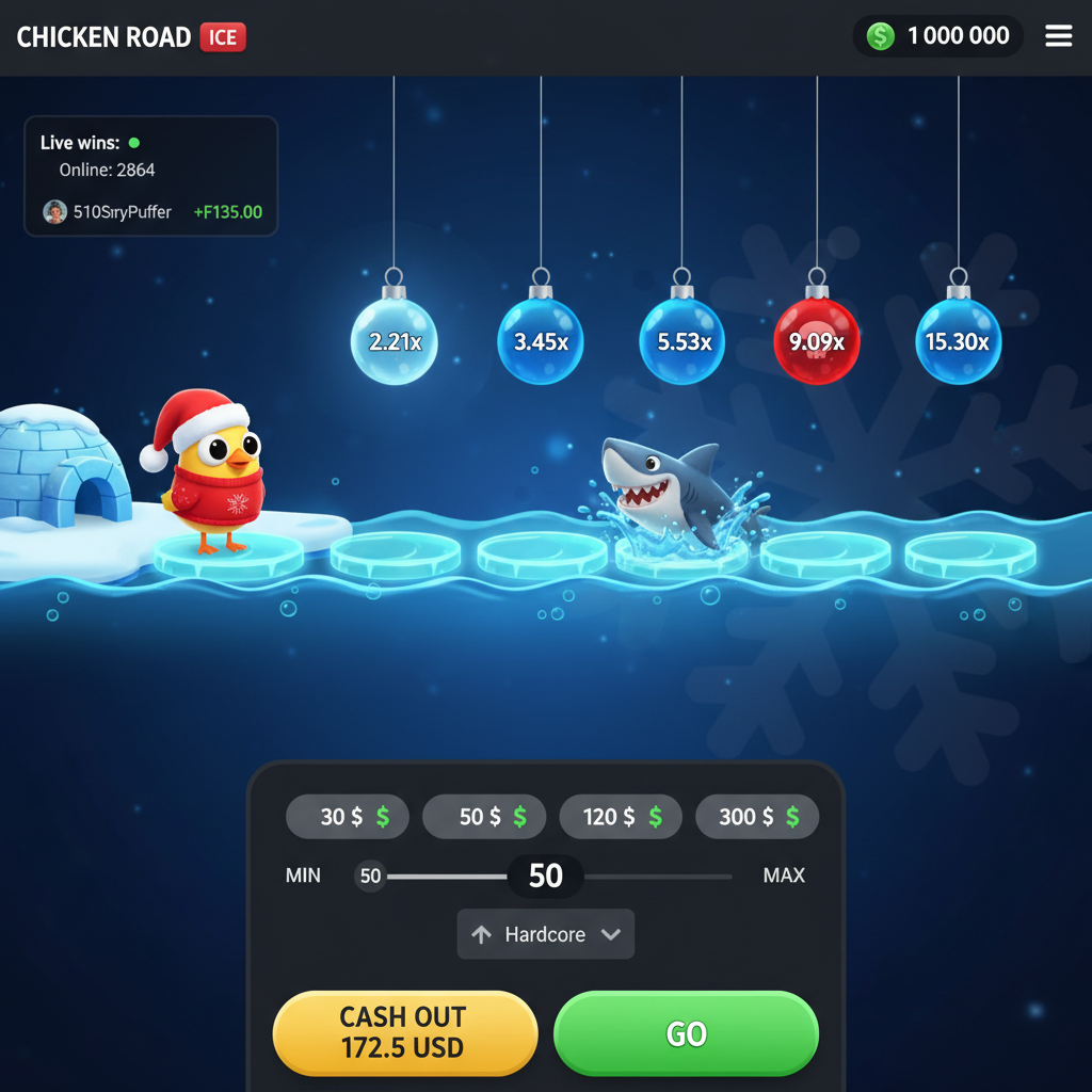 Chicken Road Ice slot game: cartoon chicken wearing Santa hat and snowflake sweater standing on cyan ice plates over arctic water, with blue Christmas ornament multipliers hanging above and shark hazard ready to appear