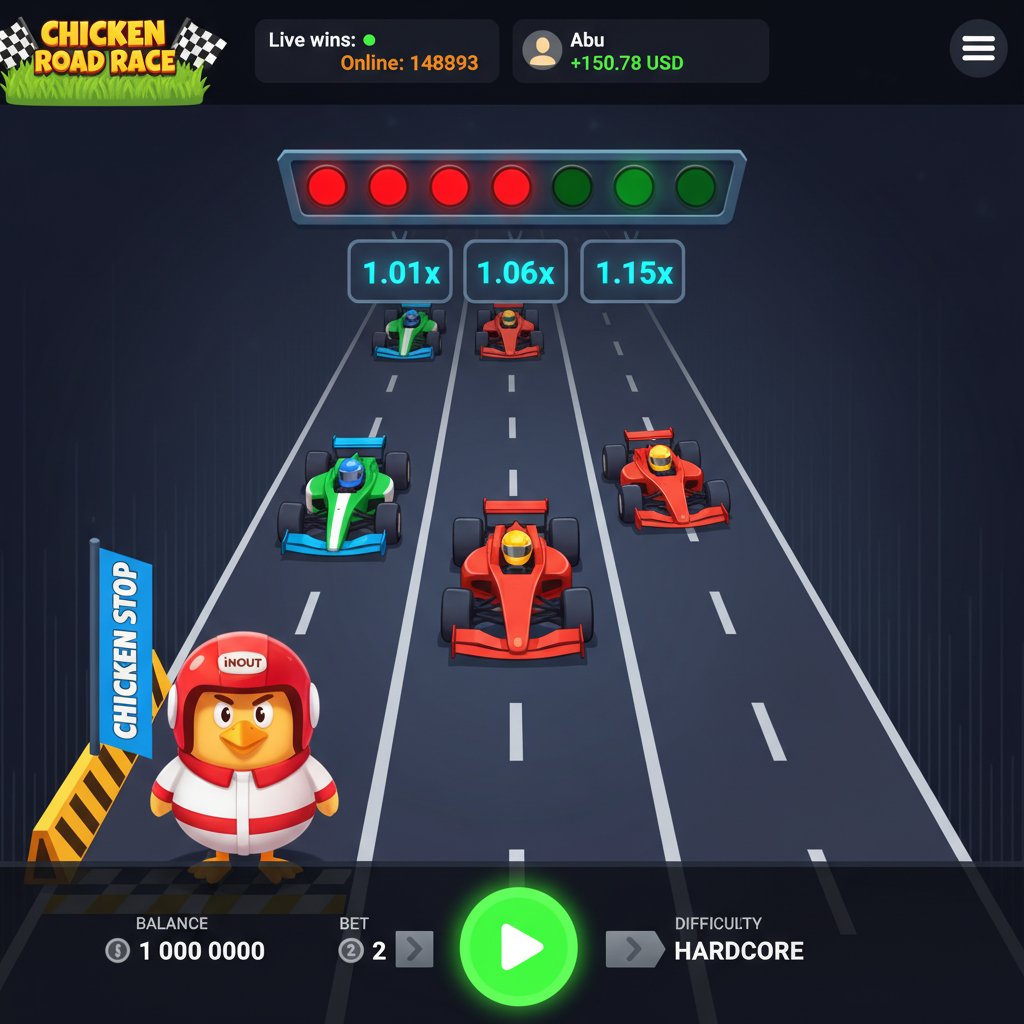 Chicken Road Race slot de la iNOUT - pui mascot cu cască roșă de curse pe pistă cu 5 benzi, mașini Formula 1 colorate și multiplicatori progresivi, vizualizare top-down a jocului crash-style