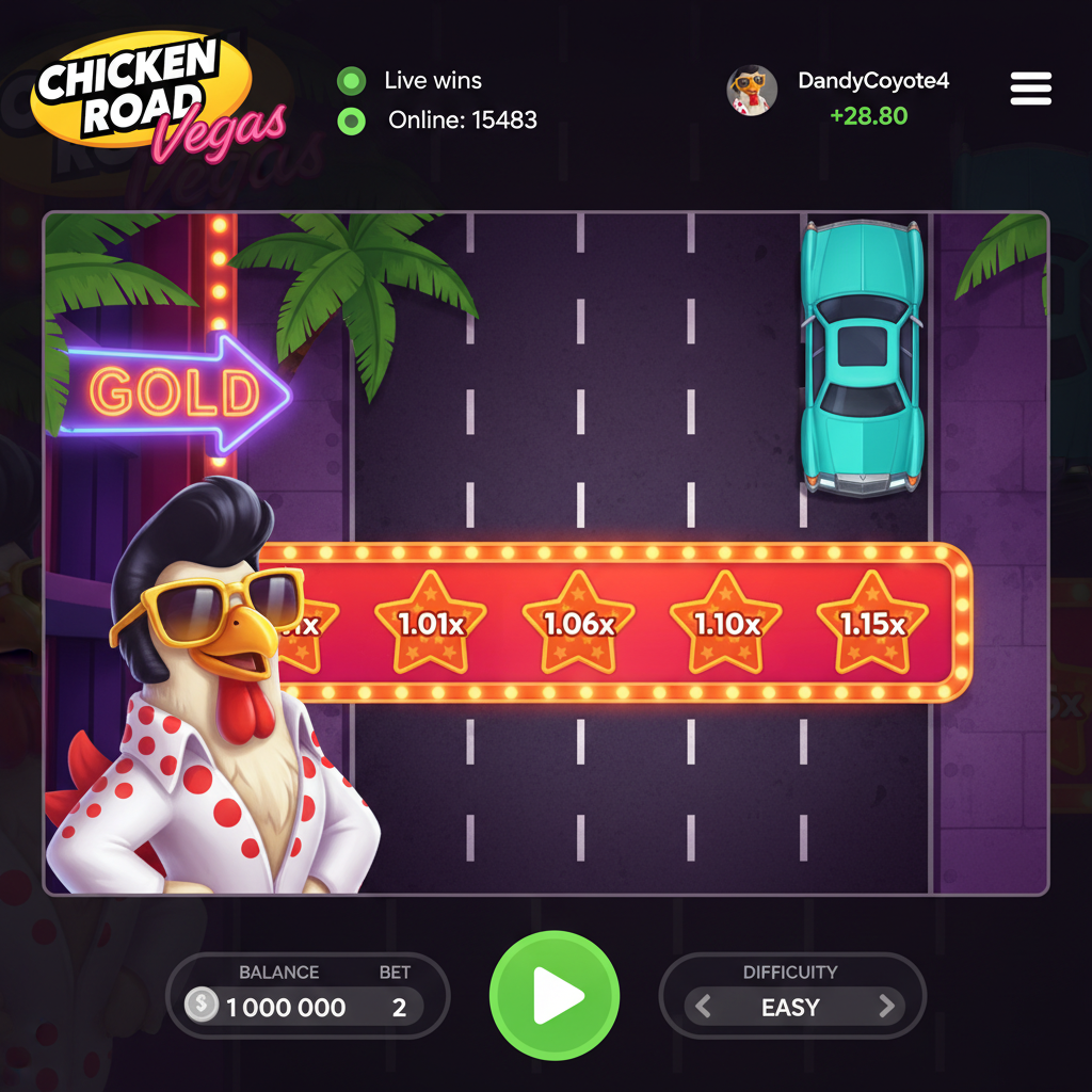 Chicken Road Vegas - Pui îmbrăcat în costum Elvis alb cu ochelari aurii traversând drum cu 4 benzi cu mașini luxoase cyan, fundal Vegas cu semne neon roz și frunze de palmier, multiplicatori stea portocalii pe barieră roșie