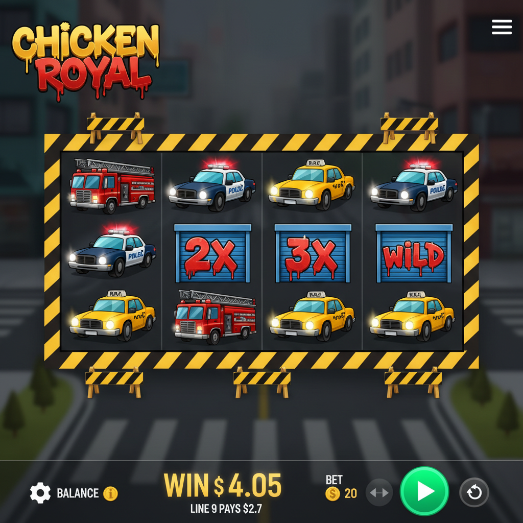 Chicken Royal slot game cu 5 role și 3 rânduri, simboluri Wild garage door cu multiplicatori x2 și x3, mașini de poliție, taxiuri galbene și camion de pompieri pe fundal urban graffiti cu dungi de avertizare galbene-negre
