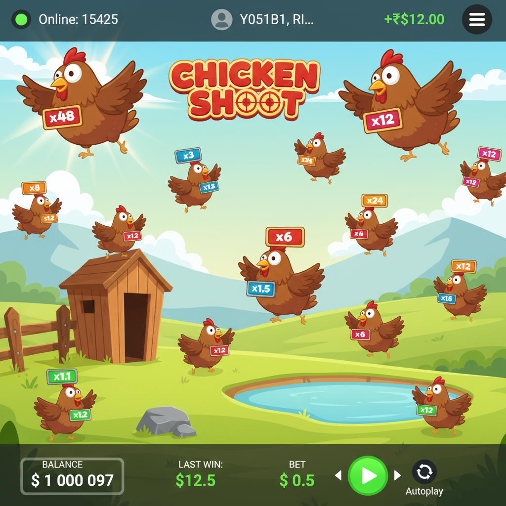 Chicken Shoot slot game - pui de desene animate cu insigne de multiplicatori x1.1 până la x48 pe fundal de fermă verde cu hambar și gard, joc instant win InOut