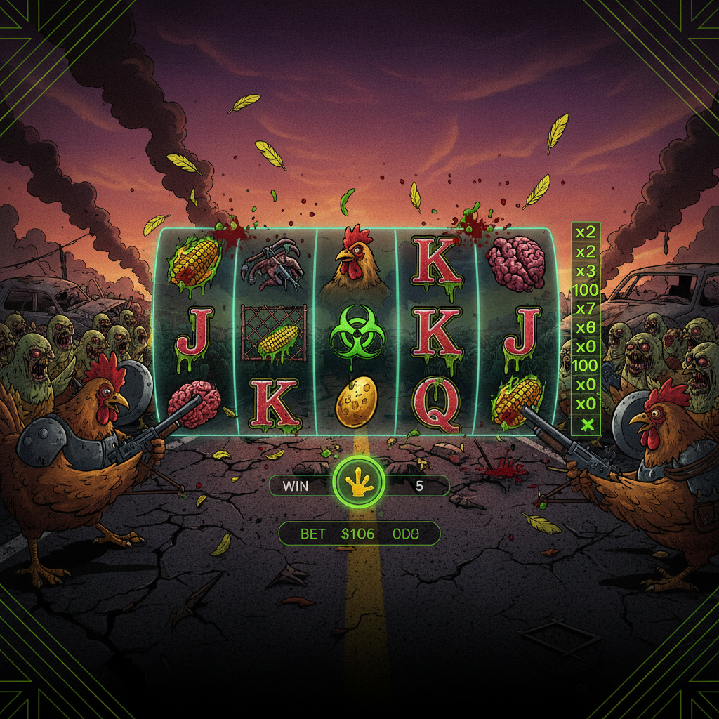 Chicken vs Zombies slot game hero image featuring brave chickens fighting zombies on apocalyptic road with 5 spinning reels and multiplier symbols